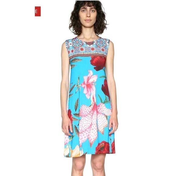 Desigual Dario Dress Blue Floral Sleeveless Women's Sz Large Beach Preppy Y2K - Picture 1 of 10